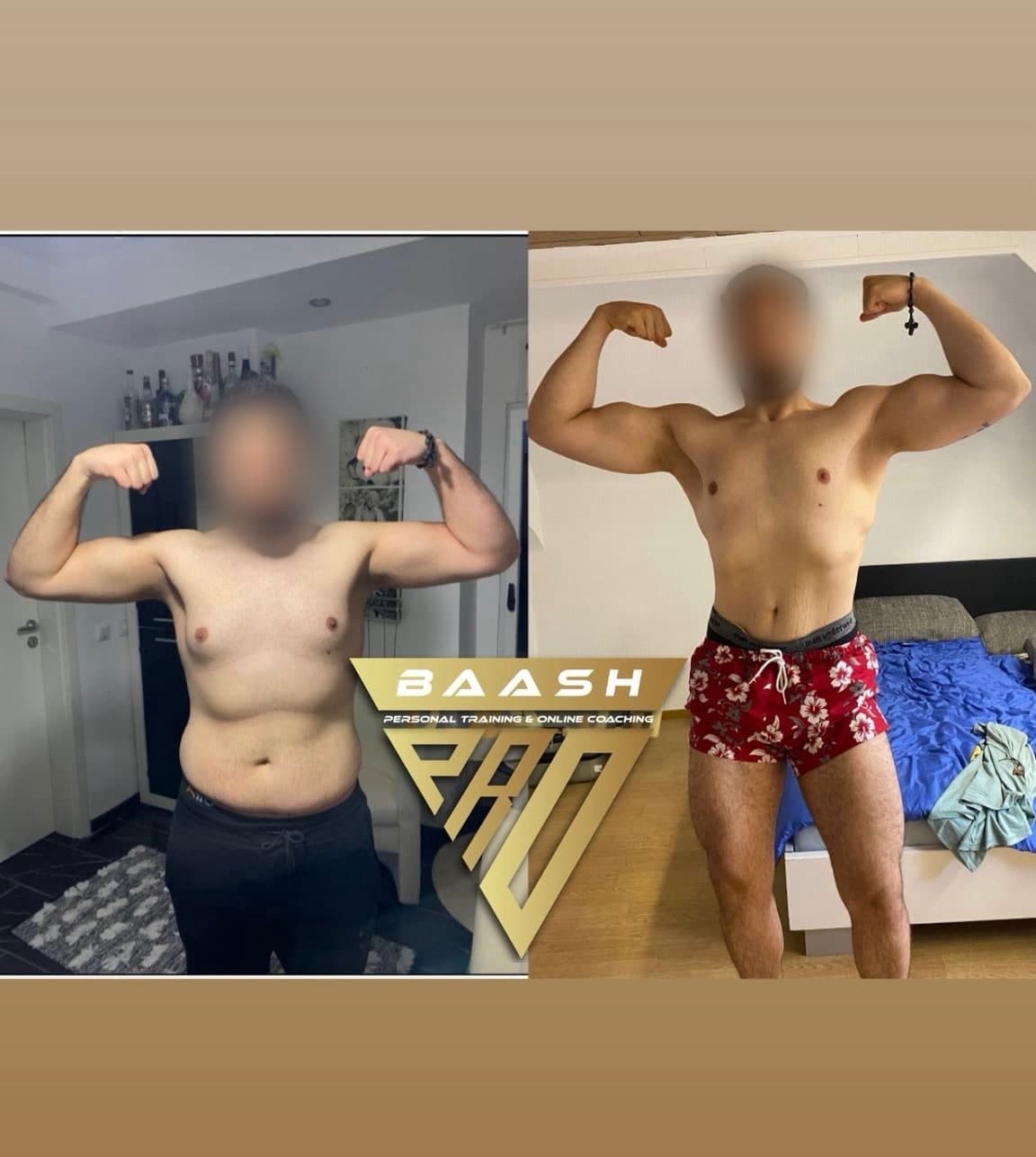 Before-and-after body transformation, Baash Pro personal training client 15