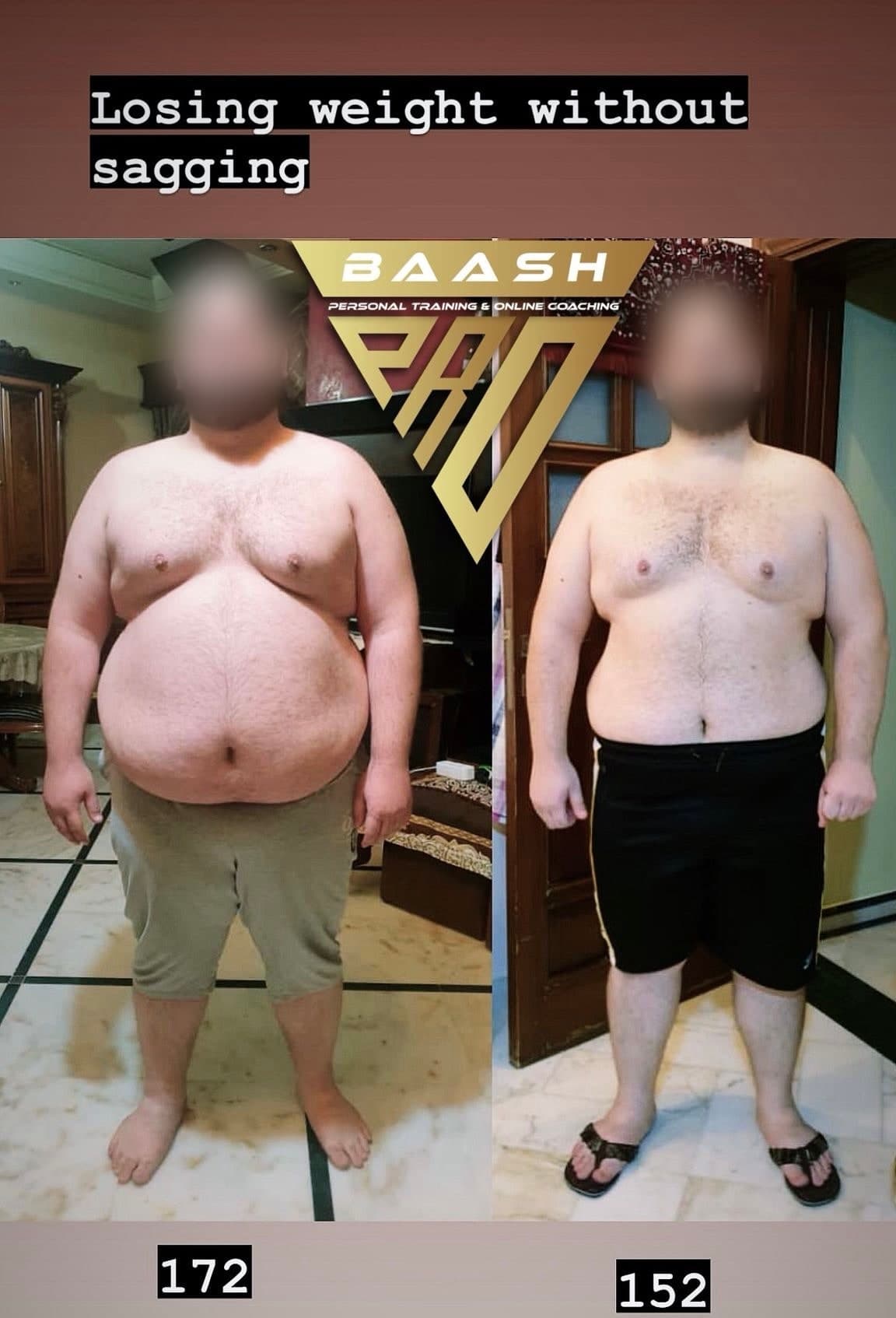Before-and-after body transformation, Baash Pro personal training client 16
