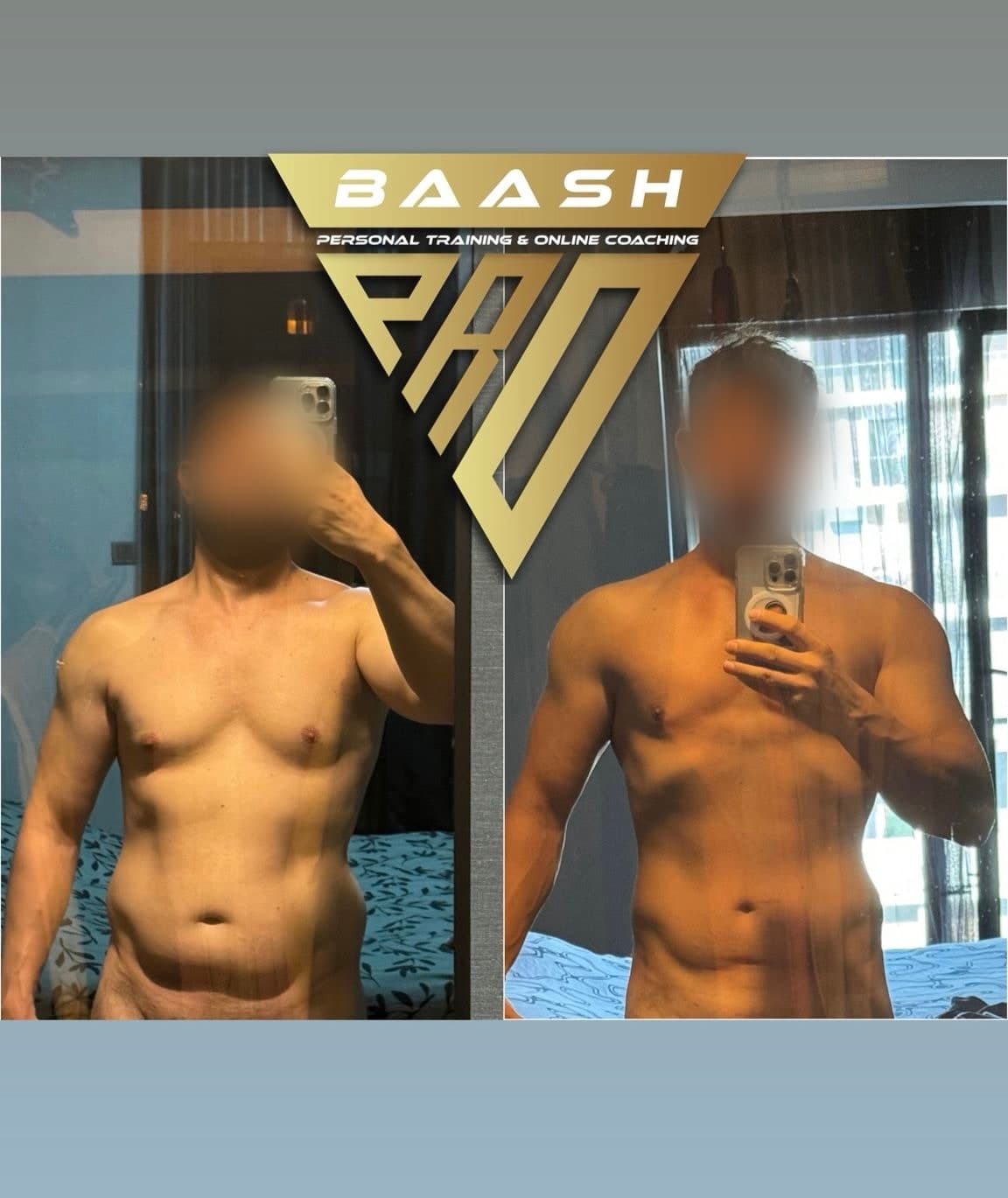 Before-and-after body transformation, Baash Pro personal training client 18