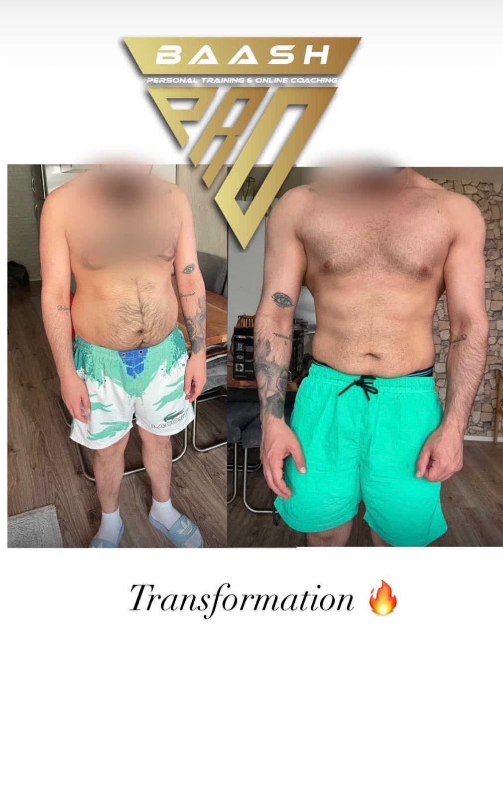 Before-and-after body transformation, Baash Pro personal training client 48